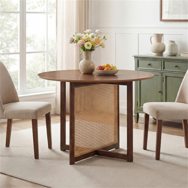 37.5英寸2-4人圆形餐桌，中世纪现代厨房餐桌，配有PE藤条和橡胶木腿-2