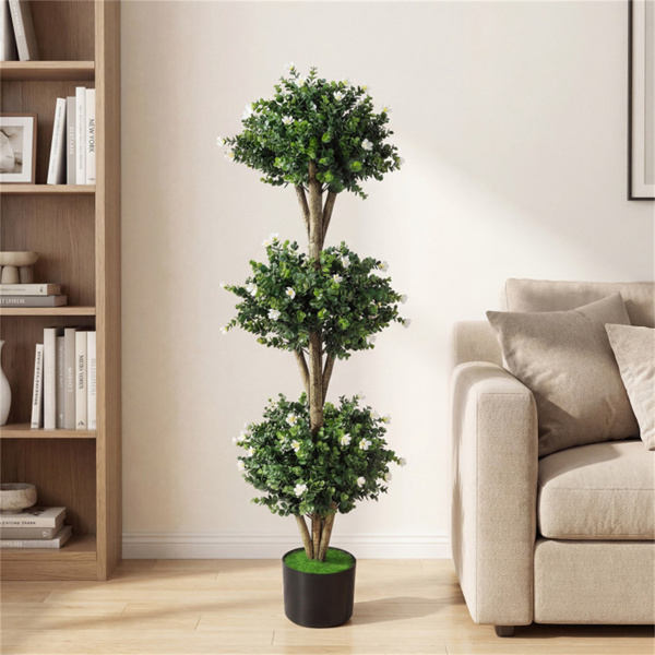 51英寸人工黄杨木修枝树，59朵花，逼真的人造常青植物-白色-2