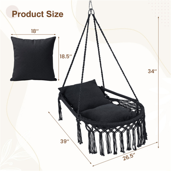 波西米亚流苏结 秋千带2个软垫的悬挂秋千椅，可容纳330磅的吊床椅，适用于室内室外卧室露台阳台-黑色-6