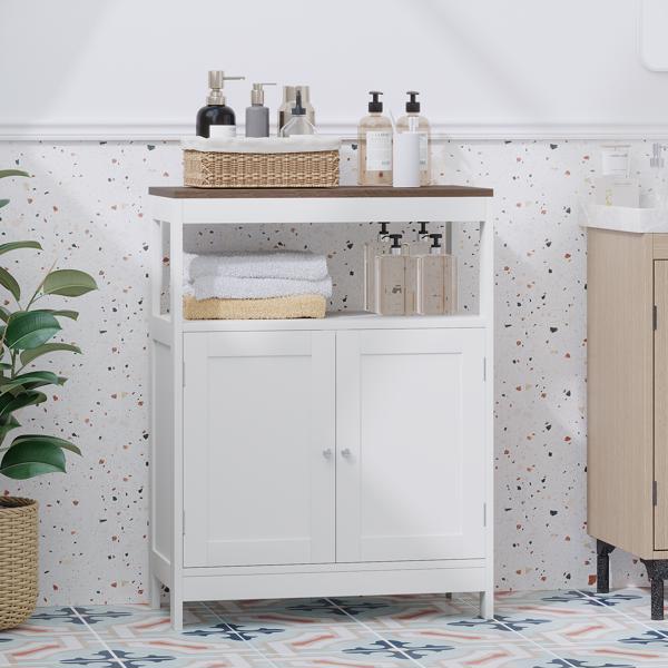 现代双门储物柜，独立式浴室柜，带可调节层板和天然木质台面，多功能收纳柜，适用于厨房、客厅、浴室或玄关 – 白色(不支持self-pick up且不支持指定仓库发货)-4
