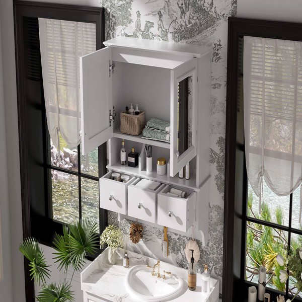 四合一浴室镜柜，24英寸壁挂式药柜，带抽屉和收纳挂钩，高清镜面，带浴室梳妆台储物空间--不支持self-pick up且不支持指定仓库发货-4