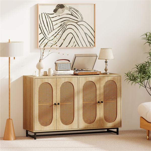 天然PE藤条大自助餐边板（50英寸），4门设计，带可拆卸可调节架子-8