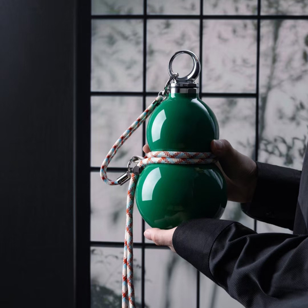 葫芦保温杯水壶带吸管大容量高颜值国潮随行外带便携不锈钢杯深绿色-5