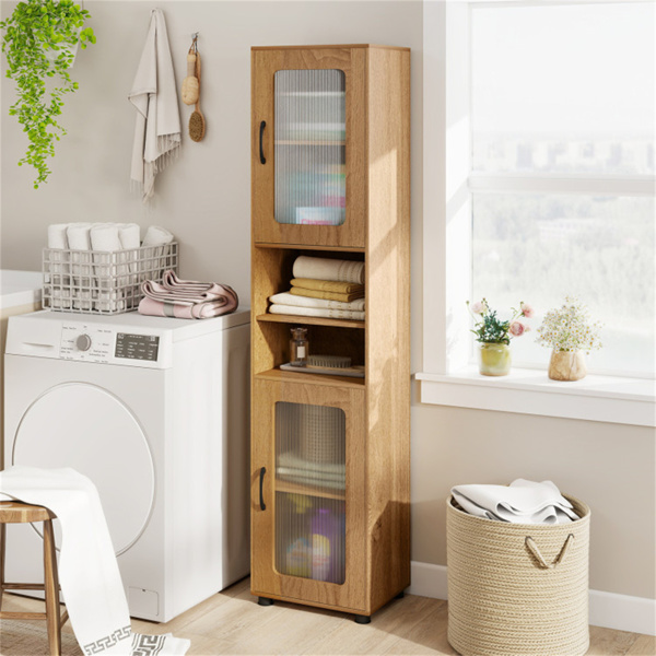 67英寸高瘦浴室储物柜，带槽门，可调节架子，独立式窄收纳架 - 自然色-7