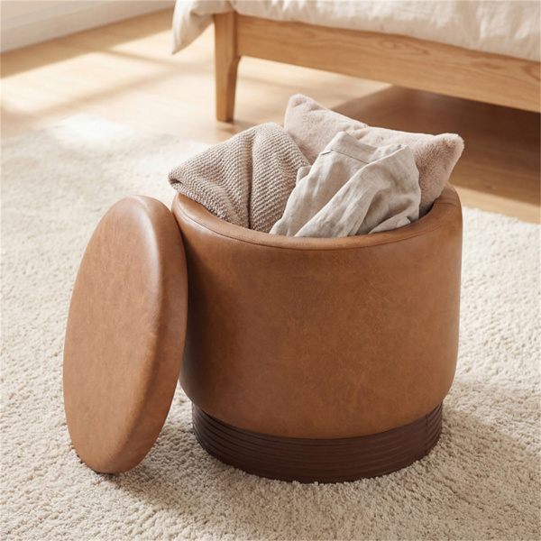 棕色360°旋转储物奥斯曼，43.18×45.72cm仿皮梳妆台凳，带26.50L隐藏空间-6