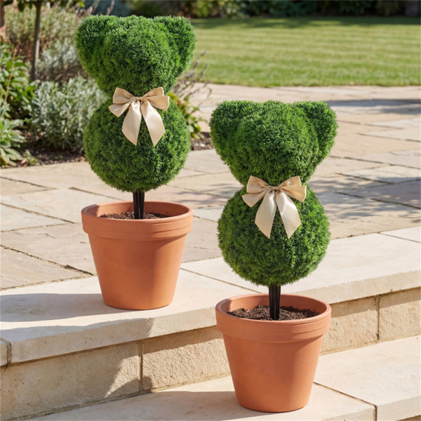 2件套奇形怪状的熊树人造黄杨木绿色金蝴蝶结室内外春季装饰-7