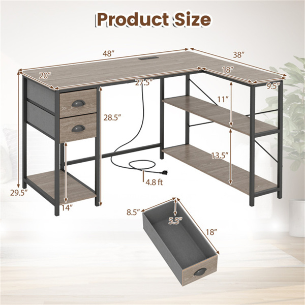 L形电脑桌，带内置电源插座、USB和Type-C充电端口、带织物抽屉和储物架的家庭办公室角桌 - 橡树色-4