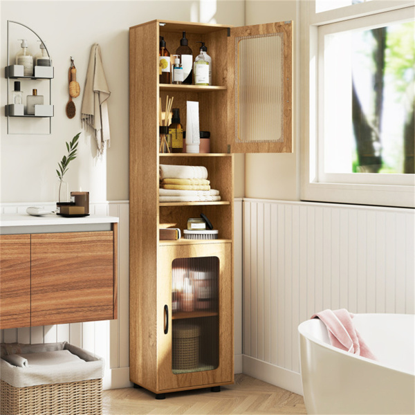 67英寸高瘦浴室储物柜，带槽门，可调节架子，独立式窄收纳架 - 自然色-8