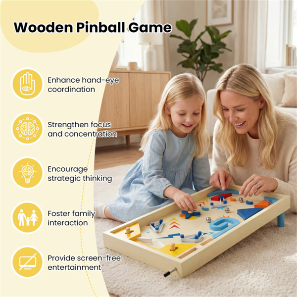 彩色木制弹球机，3个金属弹珠和弹簧柱塞，双翻转控制，适合有趣的游戏-9