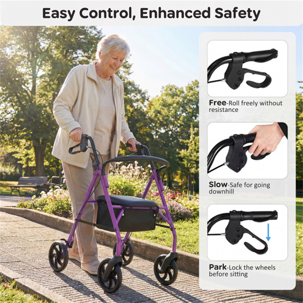 带座椅的二合一滚轮助行器（紫色），8英寸大车轮和多功能制动系统，高度可调-9