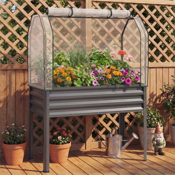 三合一金属高架花园床，带迷你温室盖，高架花盆箱-灰色-2