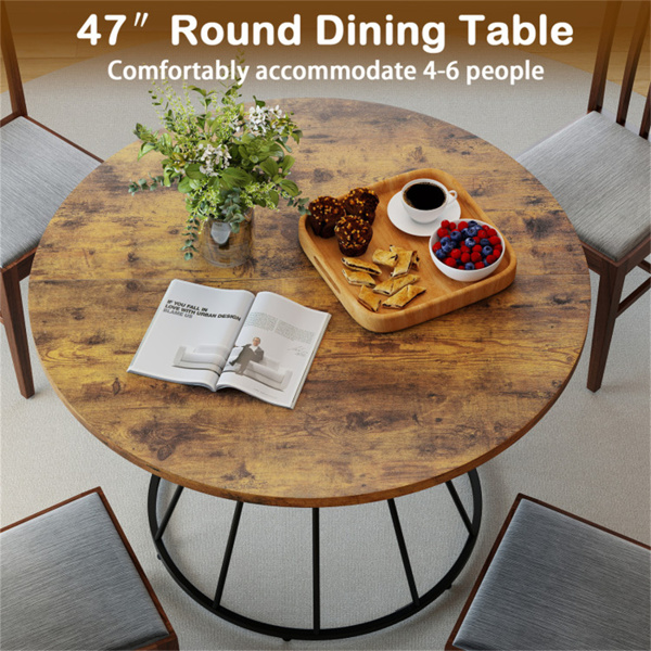棕色47英寸圆形餐桌，适合4-6人家庭使用，沙漏金属底座和曲面桌面-10