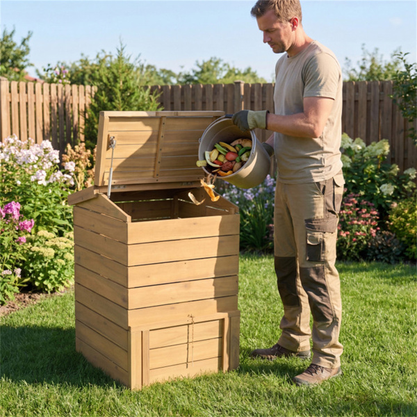 33英寸高的实木堆肥机，顶部和底部易于进入，花园垃圾装饰堆肥箱 -9