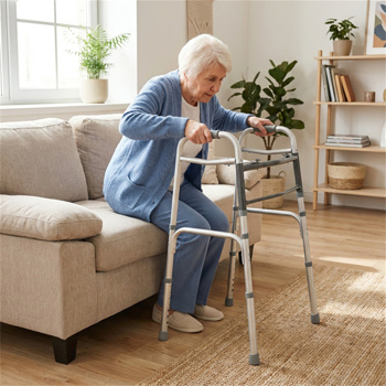 银色可折叠步行车，2按钮折叠机构和7级可调高度（30“-36”），容量350LBS