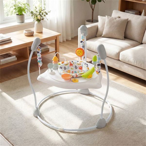 3层高度可调婴儿弹跳器，带多功能玩具，稳定的金属框架跳跃器 -白色-6