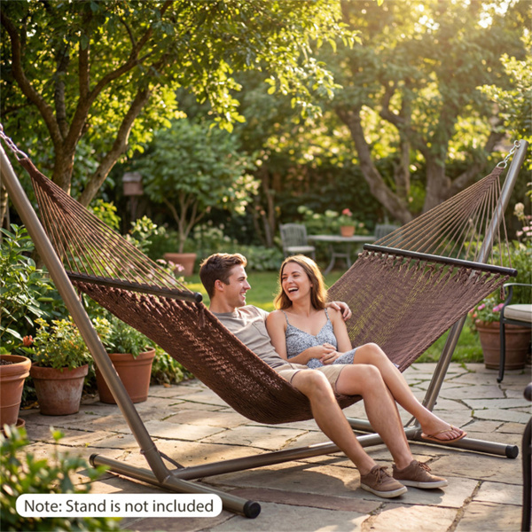 2人聚酯加勒比吊床，带硬木撑杆，可承重600磅，露台花园双人吊-棕色-3
