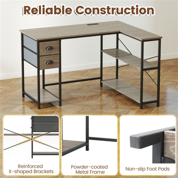 L形电脑桌，带内置电源插座、USB和Type-C充电端口、带织物抽屉和储物架的家庭办公室角桌 - 橡树色-5