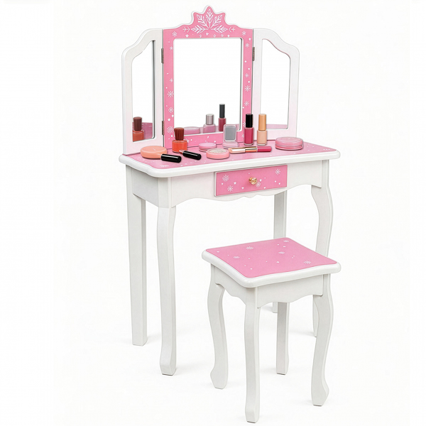  粉色 雪花 密度板喷漆 三折镜 单抽 梳妆桌套装 儿童 N201-1