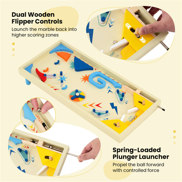 彩色木制弹球机，3个金属弹珠和弹簧柱塞，双翻转控制，适合有趣的游戏-7