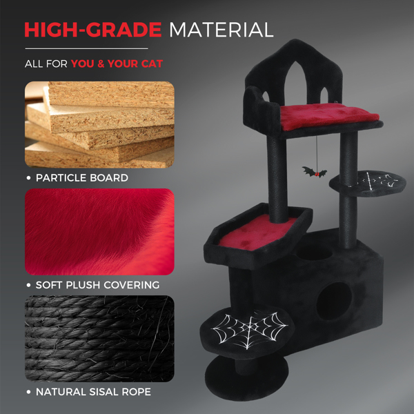 黑色哥特式猫树，多层诡异猫树，带抓柱、栖木、吊床和猫洞 - 室内猫黑色猫塔，带互动玩具，适合多猫家庭，44.5英寸--不支持self-pick up且不支持指定仓库发货-7