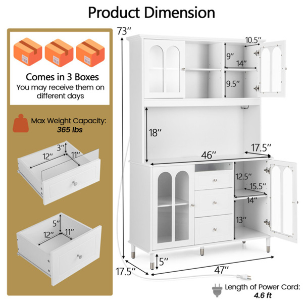 73英寸白色厨房餐具柜，带可定制的LED灯和内置充电站（USB/Type-C/AC插座）-4