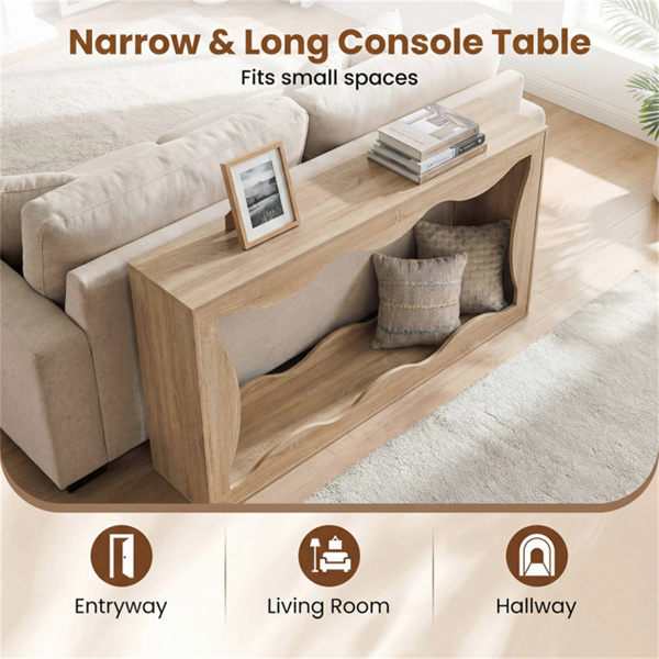 63英寸窄控制台桌，波浪形中空设计，2层超长入口桌，带储物架 - 自然色-6