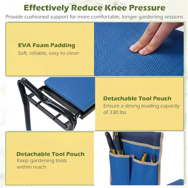 蓝色二合一花园折叠凳膝盖，300LBS容量和内置工具袋，舒适的EVA座椅​-5