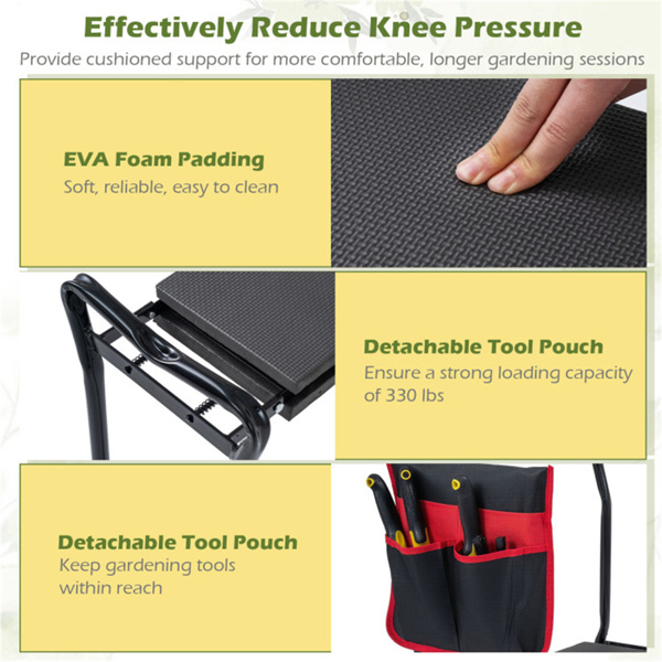 黑色二合一花园折叠凳膝盖，300LBS容量和内置工具袋，舒适的EVA座椅​-7