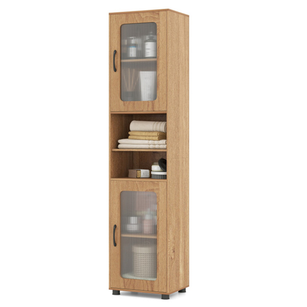 67英寸高瘦浴室储物柜，带槽门，可调节架子，独立式窄收纳架 - 自然色-4