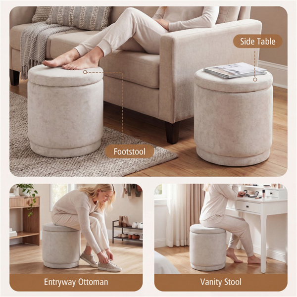 7.7加仑圆形储物奥斯曼脚凳，带相思木框架，400磅承重脚凳 - 米色-7