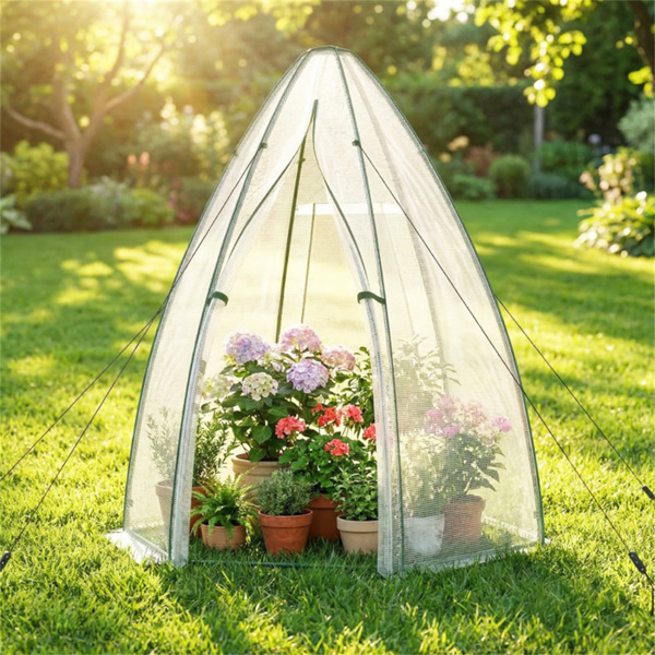 六角形迷你温室，带拉链门和卷帘窗，PE覆盖室外植物房 - 白色-8