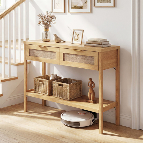 带储物抽屉和底部架子的40英寸控制台桌，走廊客厅的坚固PE藤条门厅桌-2