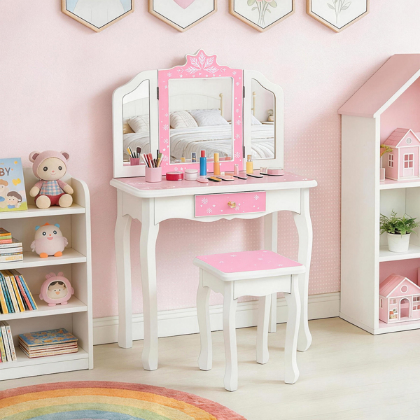  粉色 雪花 密度板喷漆 三折镜 单抽 梳妆桌套装 儿童 N201-2