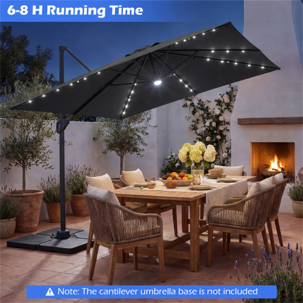 10x10英尺灰色太阳能LED悬臂式露台伞360°旋转偏置带灯挂伞-2