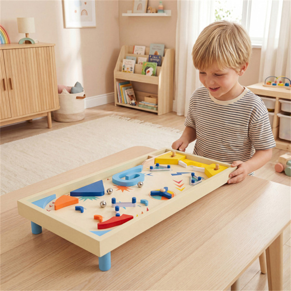 彩色木制弹球机，3个金属弹珠和弹簧柱塞，双翻转控制，适合有趣的游戏-10