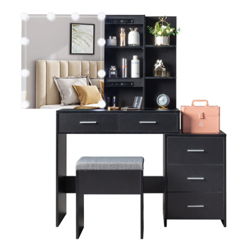  黑色 刨花板三胺贴面 5抽 2层架 镜柜 梳妆桌套装 三色调光灯泡 N001