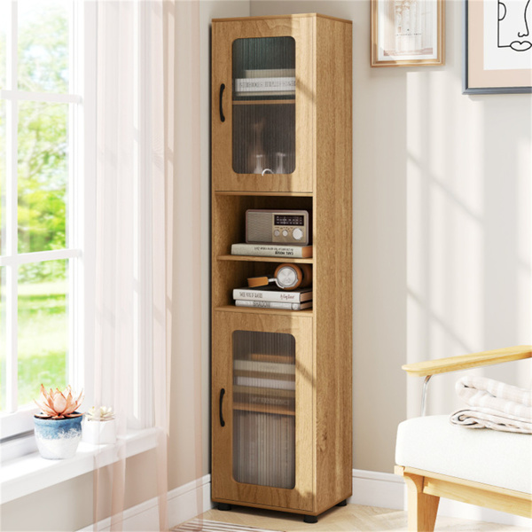 67英寸高瘦浴室储物柜，带槽门，可调节架子，独立式窄收纳架 - 自然色-6