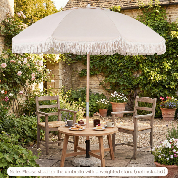 6英尺波西米亚风格露台伞，带流苏、山毛榉木杆和玻璃纤维肋条，按钮式倾斜户外伞-10