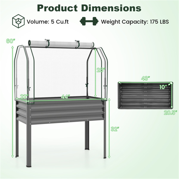 三合一金属高架花园床，带迷你温室盖，高架花盆箱-灰色-3
