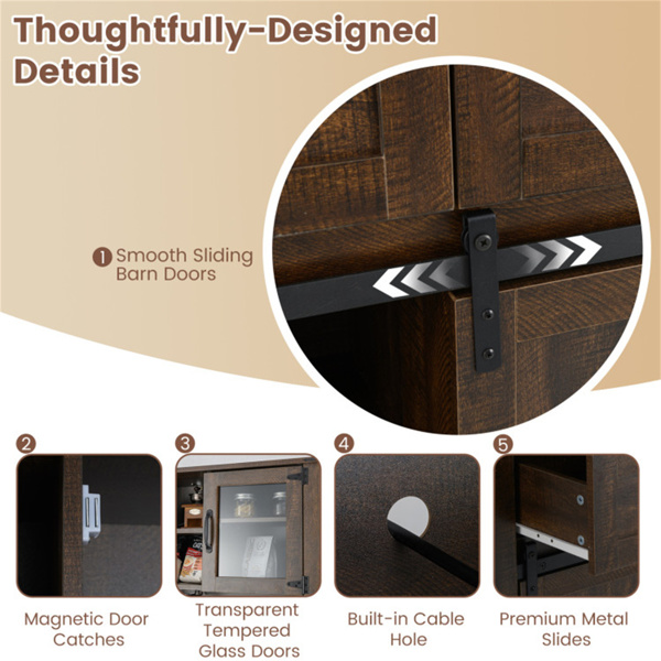 棕色农舍72英寸橱柜，带把手、滑动谷仓门和葡萄酒储物架-8
