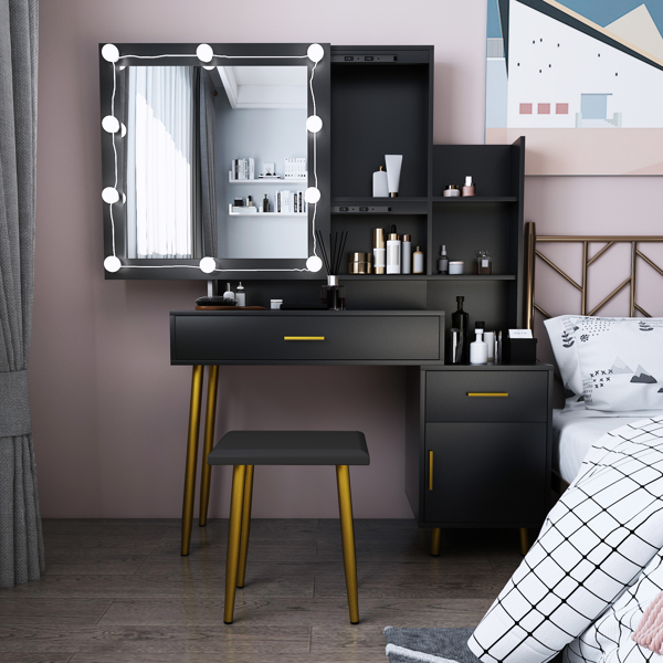  黑色 刨花板三胺贴面 2抽 1门 2层架 镜柜 梳妆桌套装 三色调光灯泡 N001-2