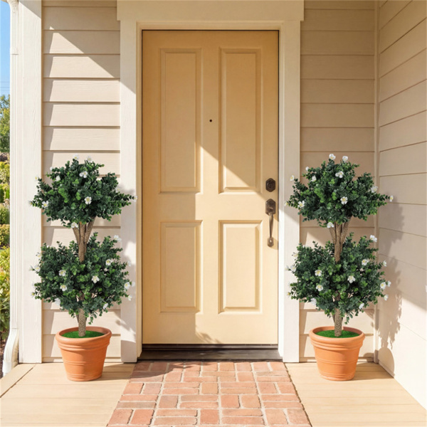 一套2棵36英寸的人造黄杨木花枝树，室内外人造植物-2