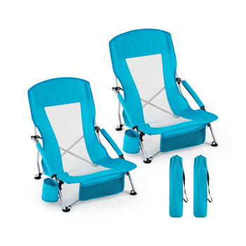 2折叠沙滩椅便携式可折叠沙滩椅，带手提包，5.5磅轻便露营椅，带杯架和网眼口袋（蓝色）