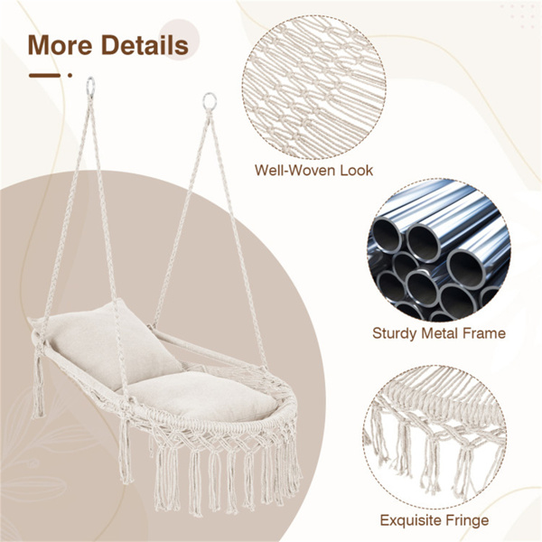 波西米亚流苏结 秋千带2个软垫的悬挂秋千椅，可容纳330磅的吊床椅，适用于室内室外卧室露台阳台-米色-9