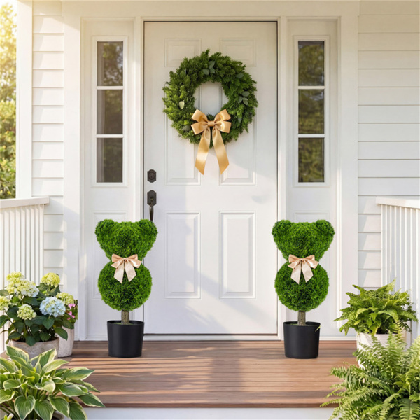 2件套可爱的熊皮树，配以水泥加重的花盆，室内外采用逼真的绿色假Boxwood装饰-2