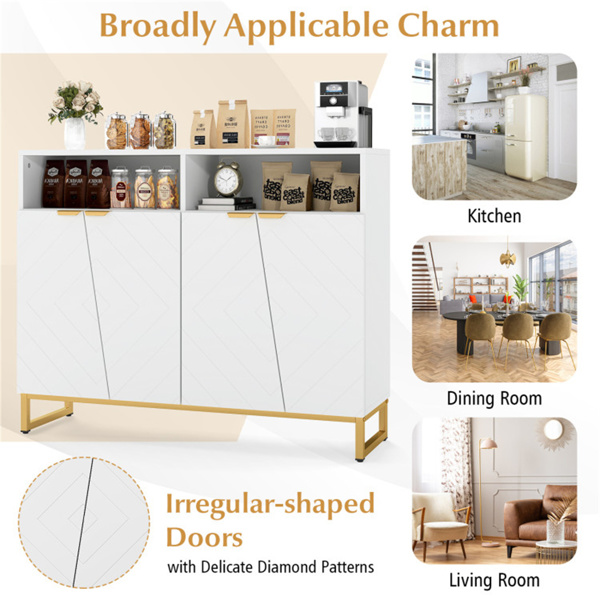 白色现代侧板，带不规则门和金色把手，2个开架和双双门橱柜-7