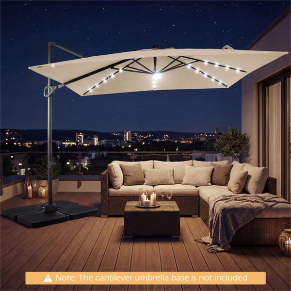 10x10英尺米色太阳能LED悬臂式露台伞360°旋转偏置带灯挂伞-2