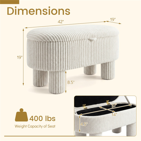 米色42英寸灯芯绒储物台，毛绒泡沫垫和隐藏式隔间，座椅承重400LBS-6