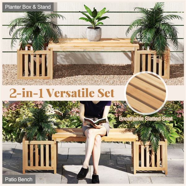 二合一木制花园长椅，带2个花盆箱，庭院和草坪的冷杉木户外露台座椅-10