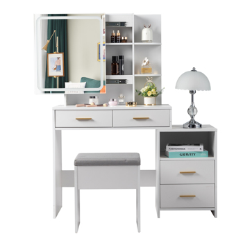  白色 刨花板三胺贴面 4抽 1储物柜 2层架 镜柜 梳妆桌套装 LED三色调光 N001